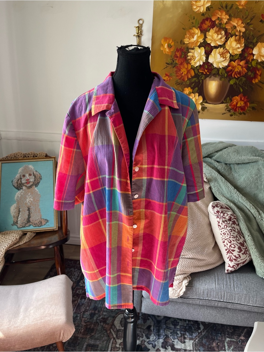 Women’s Vintage Vibrant Multicolor Plaid Button-Up Shirt 1X